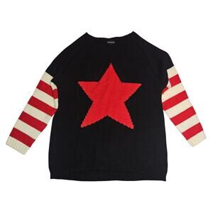 Andante USA Red Star Knit Sweater Womens L Black Stripe Sleeve 4th of July Y2K